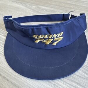 Vintage Boeing 747 Airplane Visor Hat Embroidered Logo Navy Blue With Gold‎
